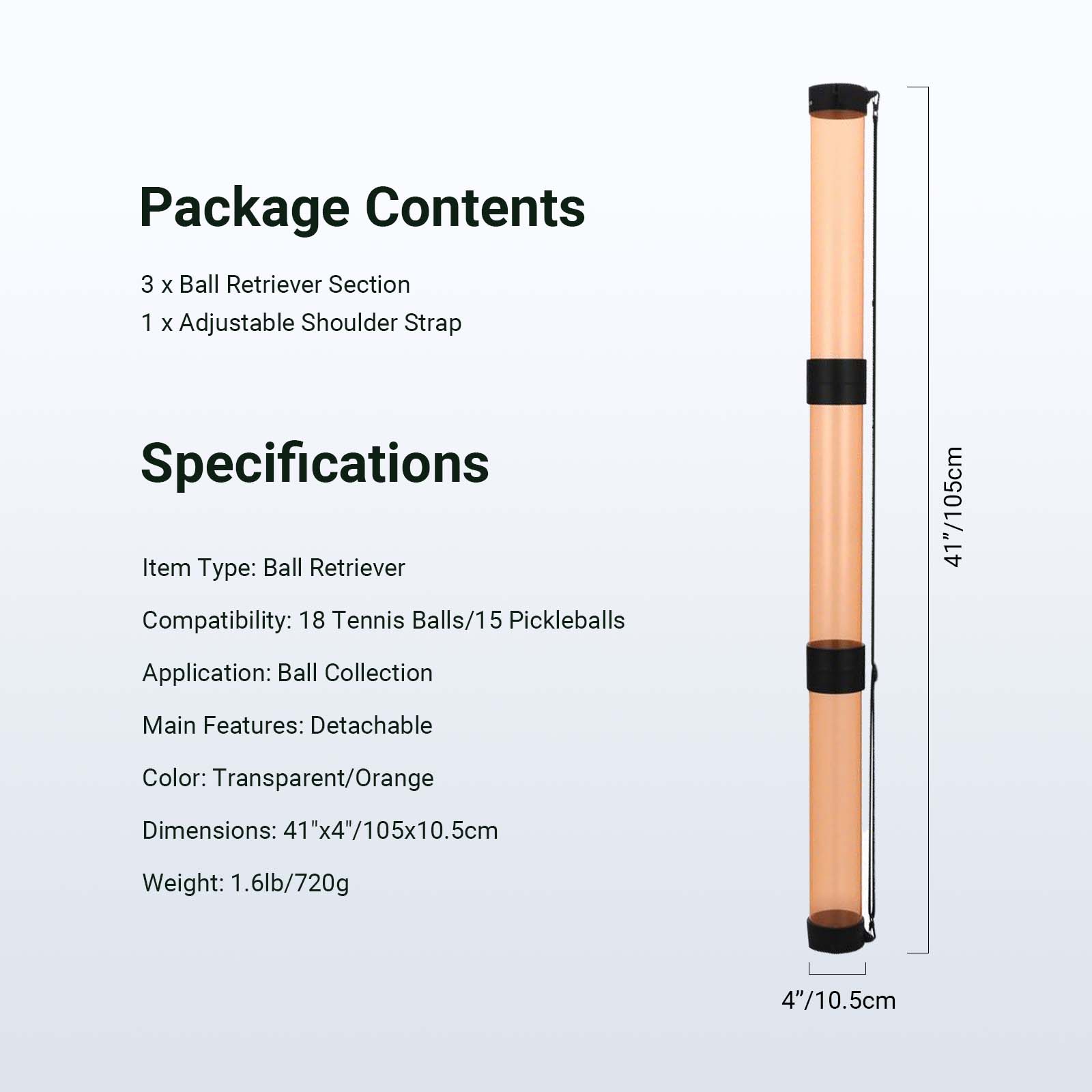 This package includes three ball retriever sections and an adjustable shoulder strap.