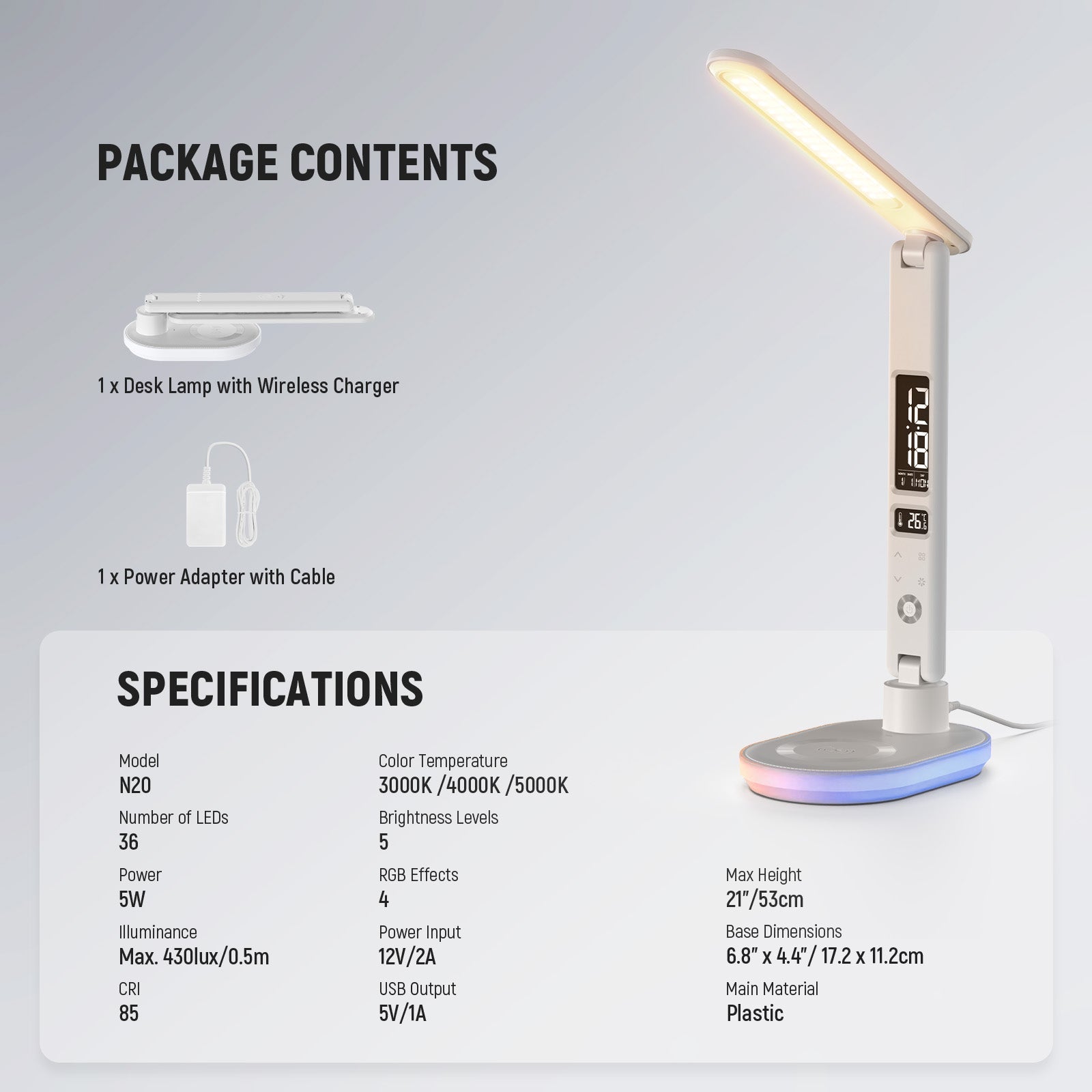 Specifications of the NEEWER N20 Eye Caring LED Desk Lamp