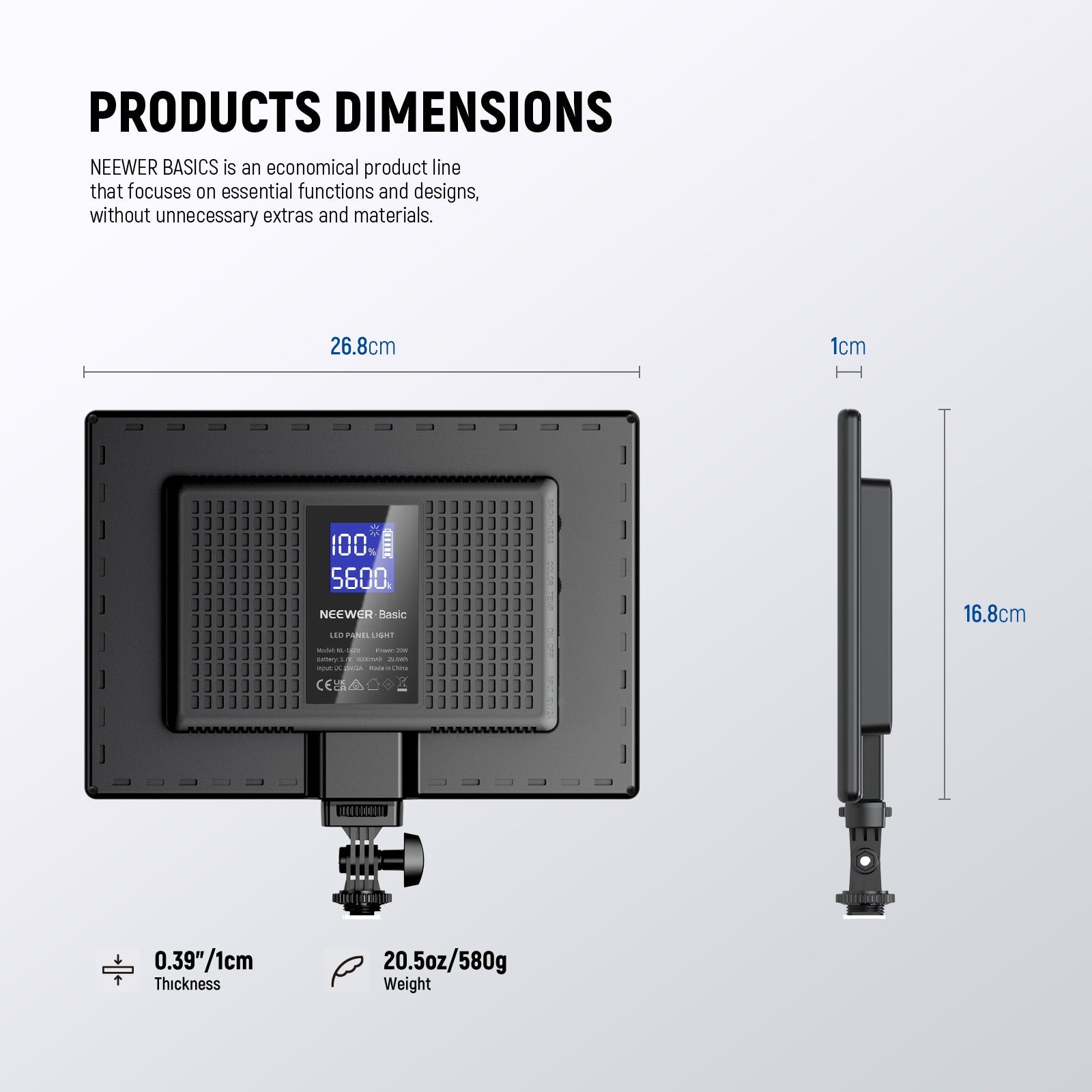 Dimensions of the NEEWER BASICS NL-192B Bi Color LED Panel Light