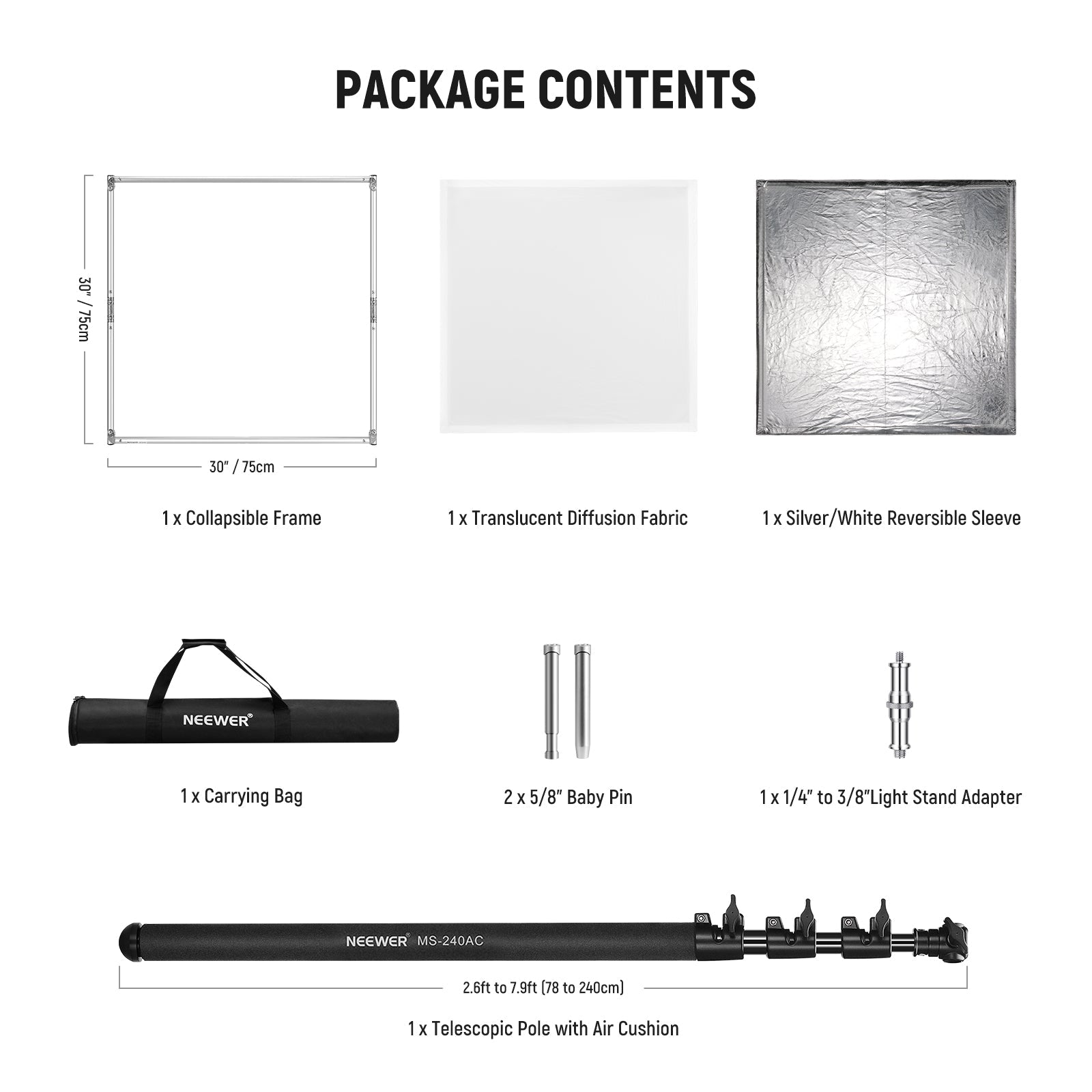 Package Contents of the NEEWER SF7575F Light Diffusion Panel Scrim Kit
