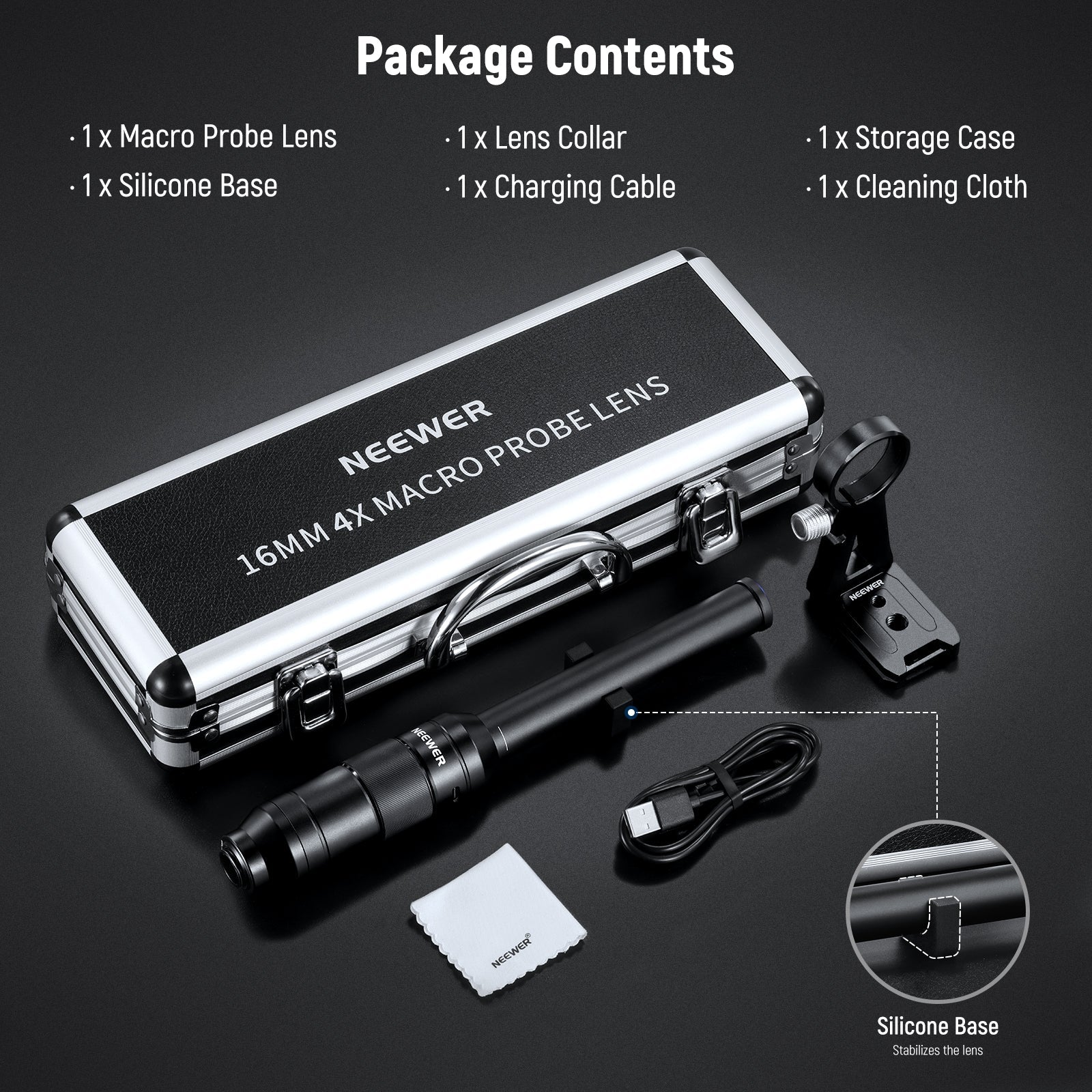 Package Contents of the NEEWER LS-63 4X Macro Probe Lens for Phone