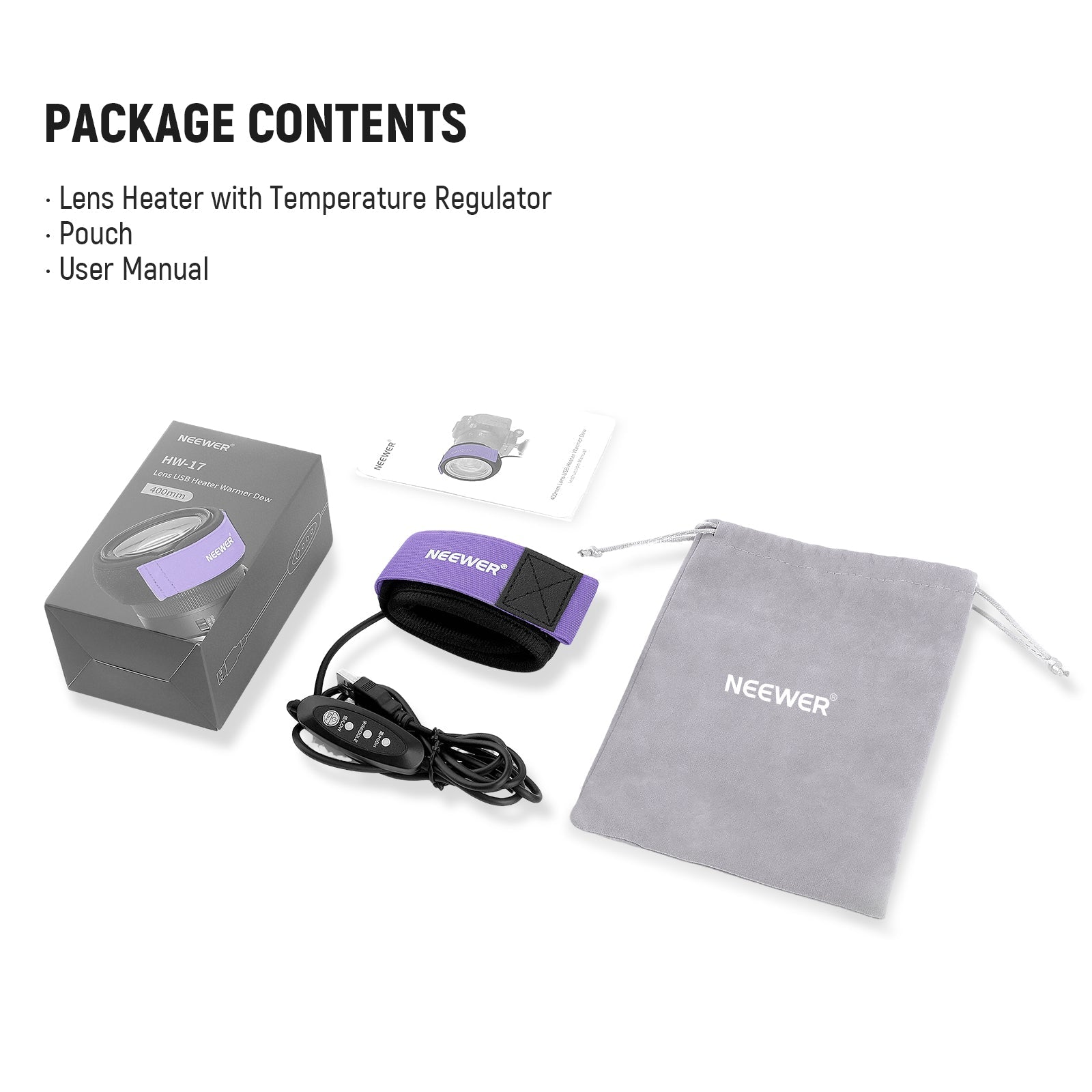 Package Contents of the NEEWER HW-28B USB Lens Warmer Kit