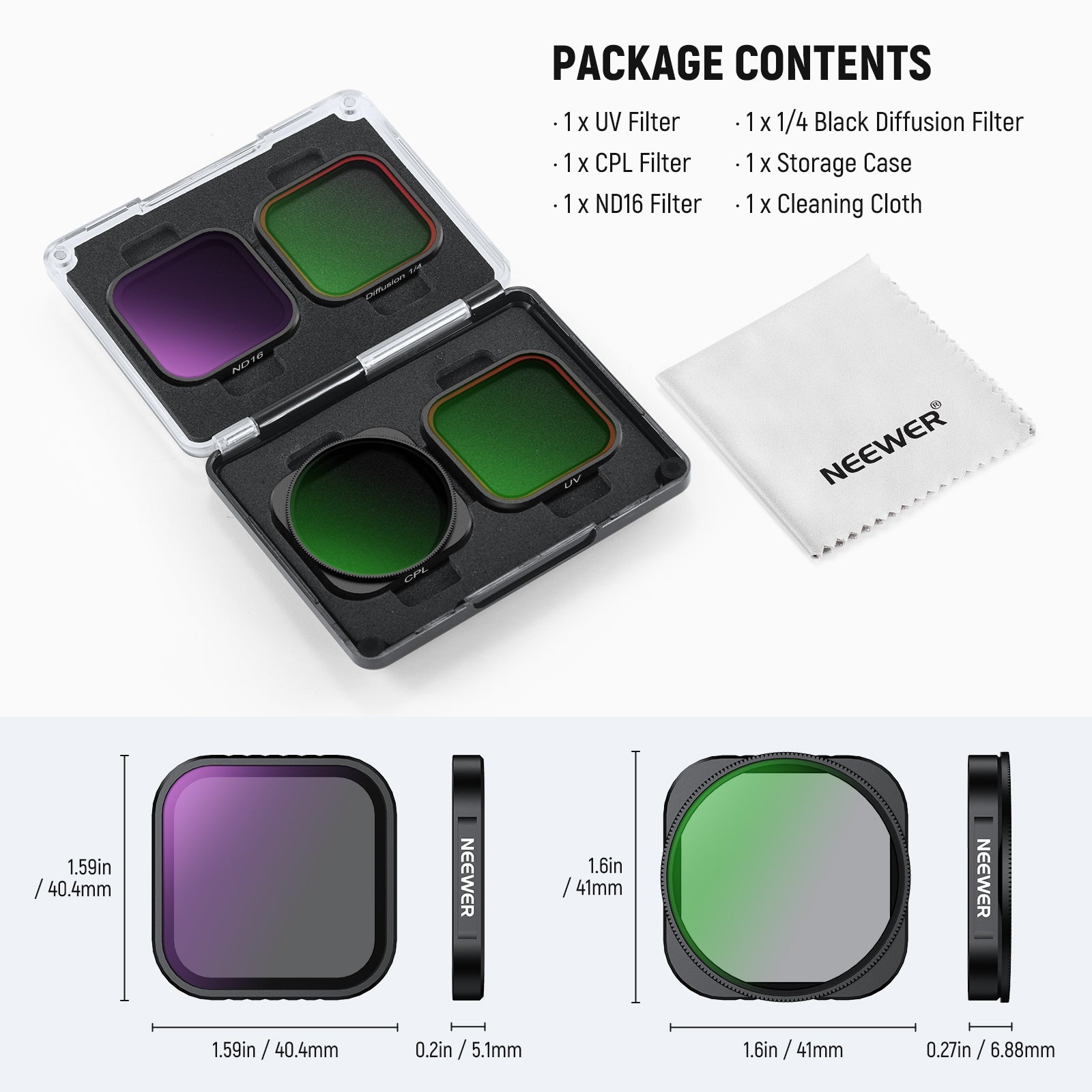 Package Contents of the NEEWER 4 Pack Filter Set For Insta360 Ace Pro/Ace Pro 2(CPL+UV+black diffusion 1/4+ND16)