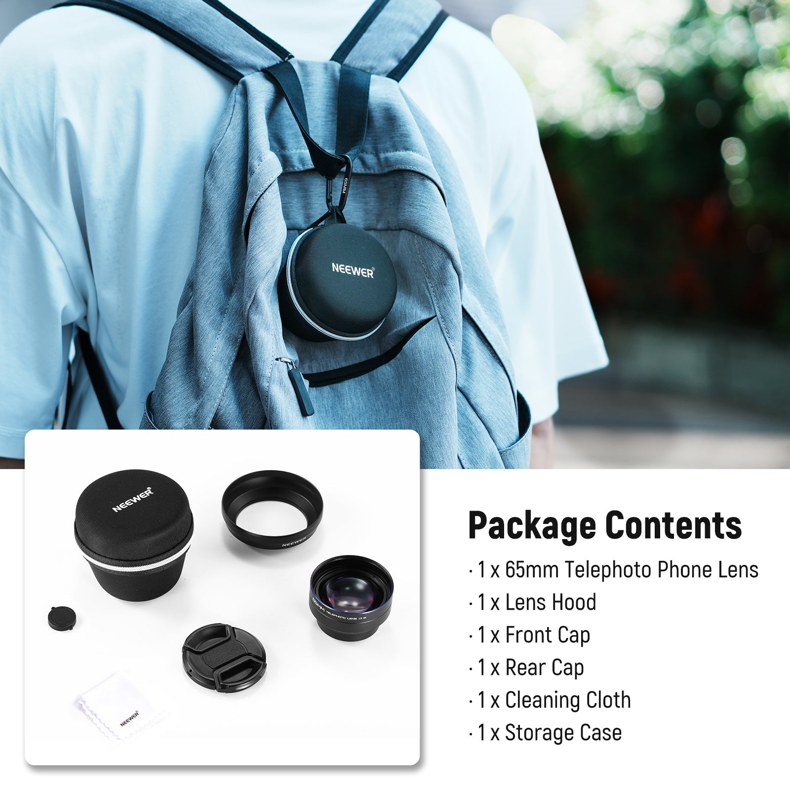 Package Contents of the NEEWER LS-66 65mm HD Telephoto Phone Lens