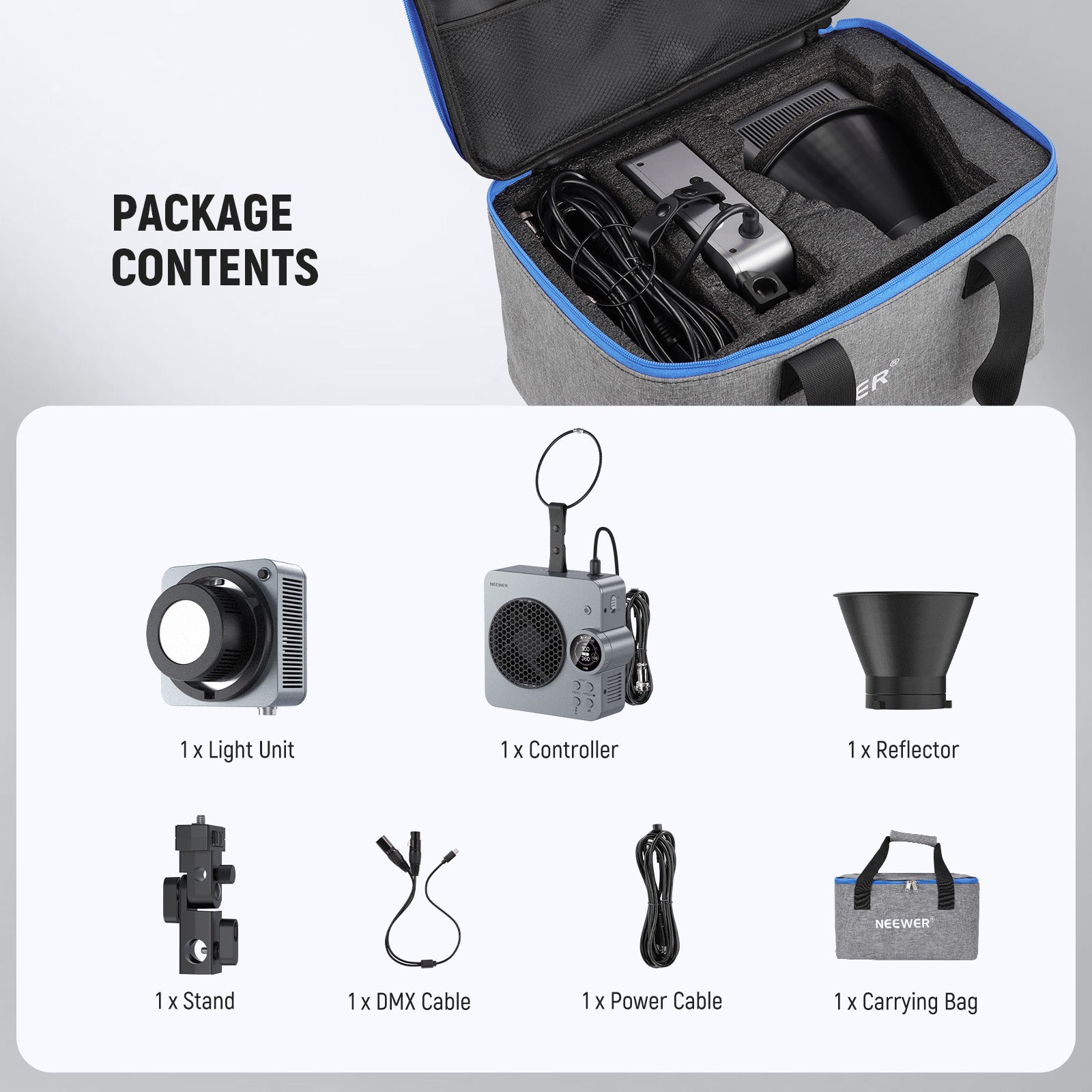 Package Contents of the NEEWER HS200C Portable Handheld RGB LED Video Light