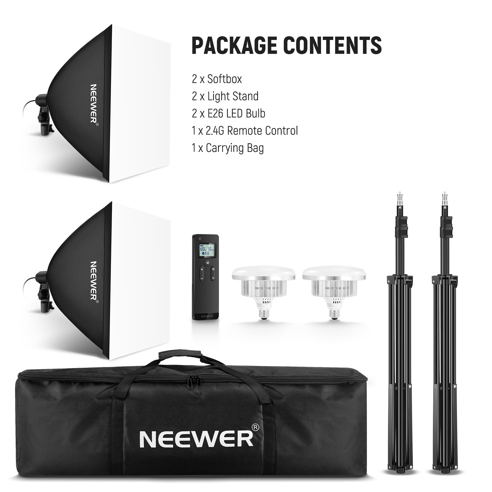 Package Contents of the NEEWER NK103 2 Pack Softbox Lighting Kit