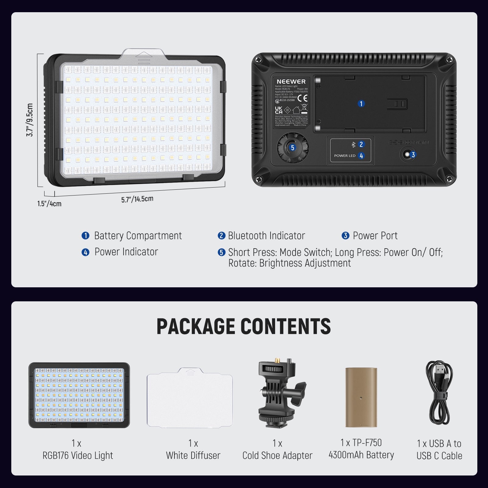 Package Contents of the NEEWER RGB176 LED RGB Video Light