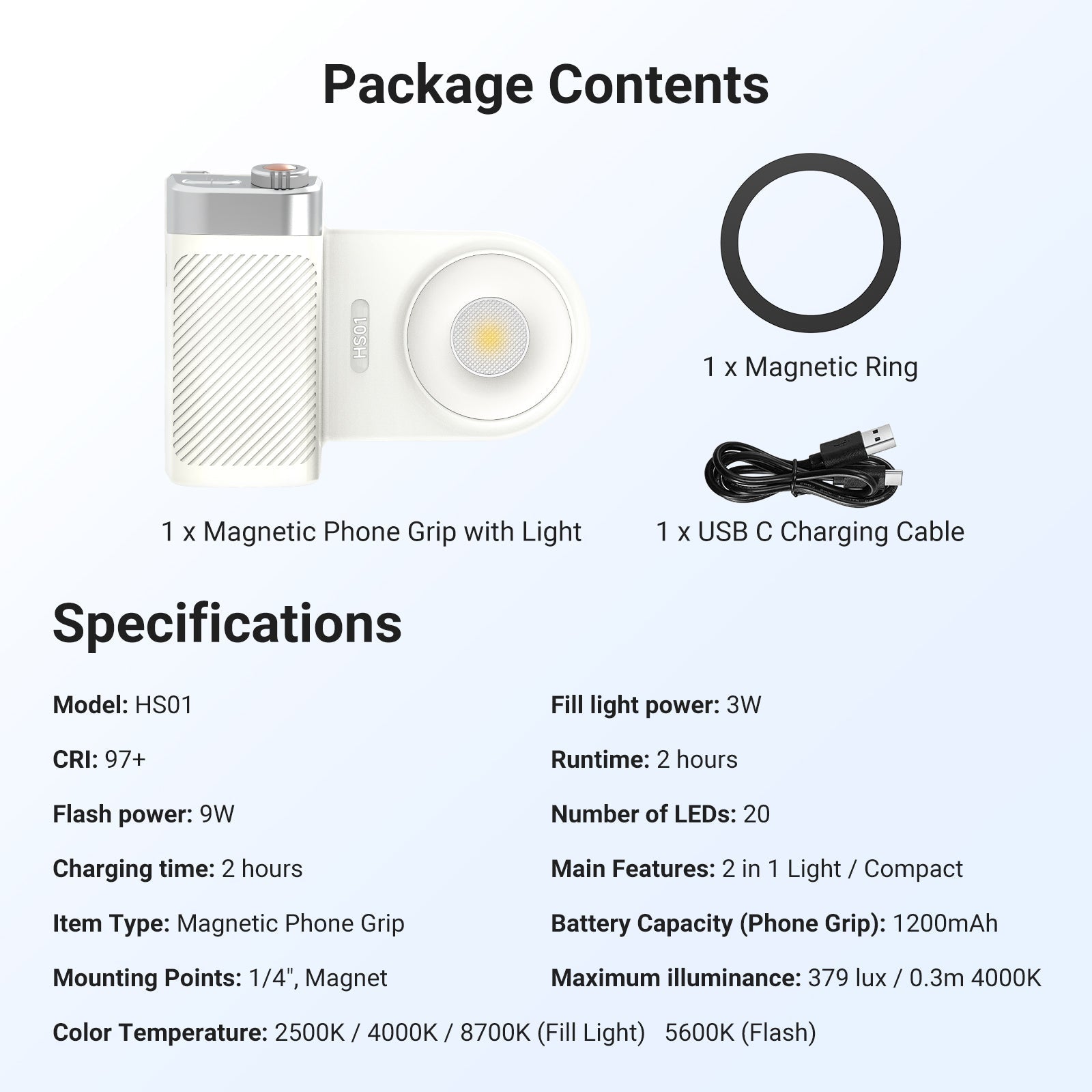 This package includes a magnetic phone grip with light, a magnetic ring, and a USB C charging cable.