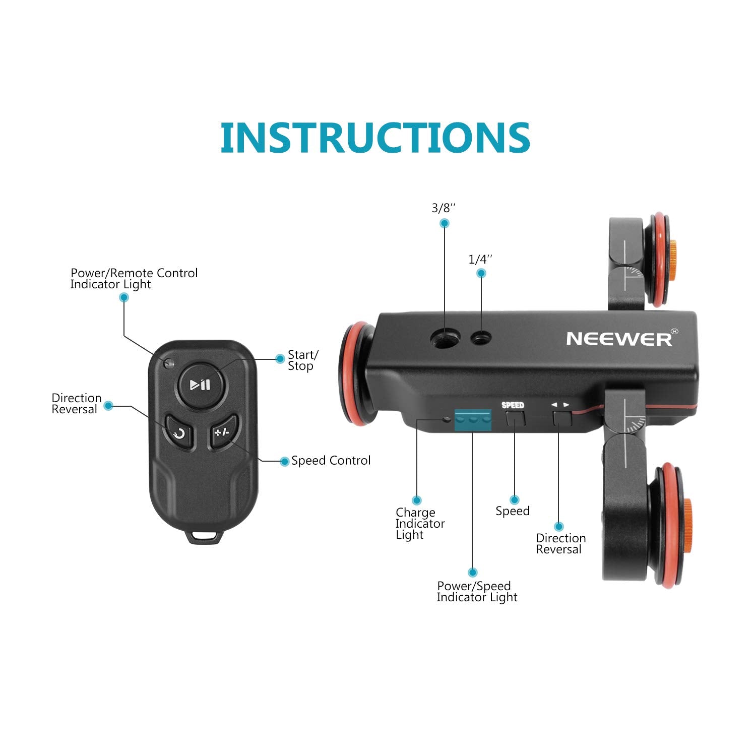 Neewer 3-Wheels Wirelesss Camera Video Auto Dolly,Motorized Track Rail Slider