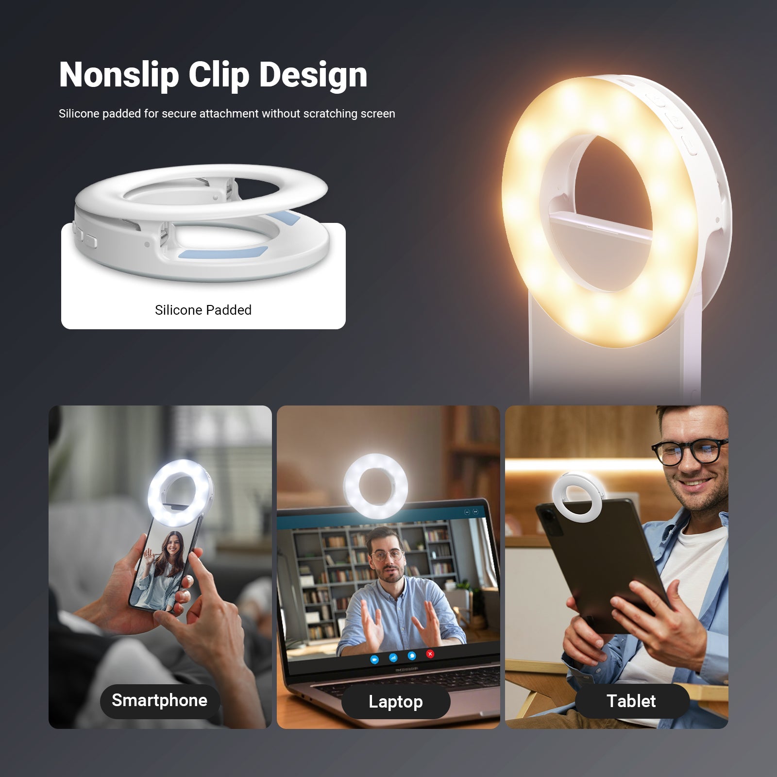 NEEWER N28 Mini Selfie Ring Light features nonslip clip design for secure attachment without scratching screen.