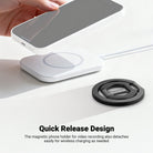The magnetic phone holder for video recording detaches easily for wireless charging as needed