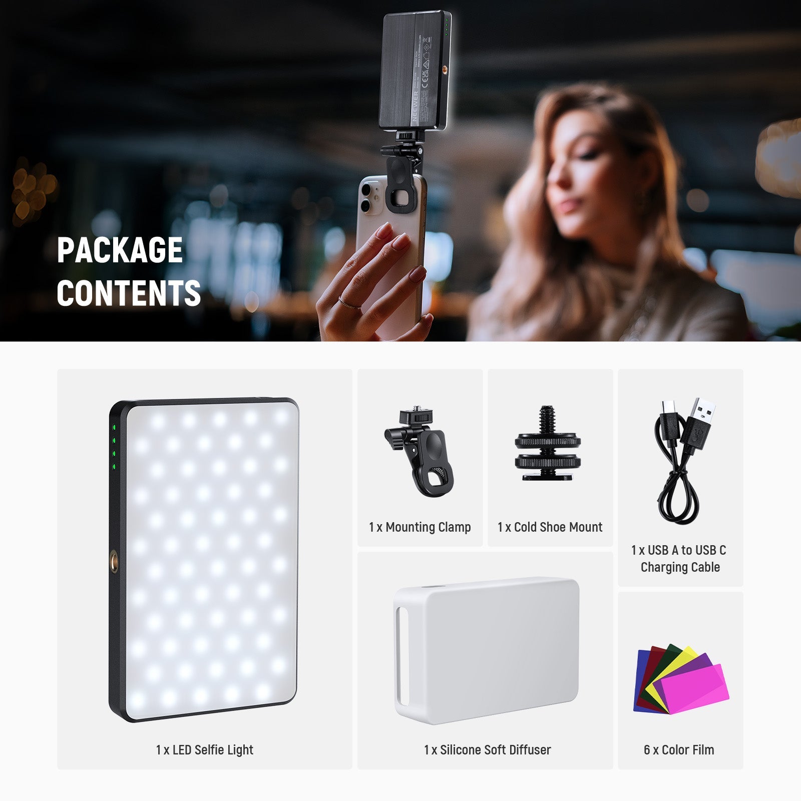 Package Contents of the NEEWER BL120B Clip On LED Phone Selfie Light Kit