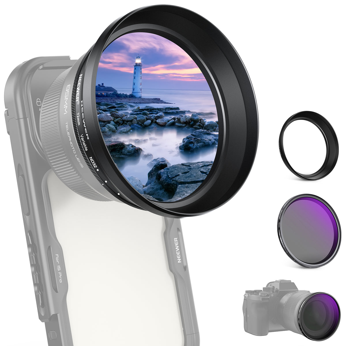 NEEWER 72mm Variable ND2-32 Filter for 85mm Telephoto Phone Lens ...