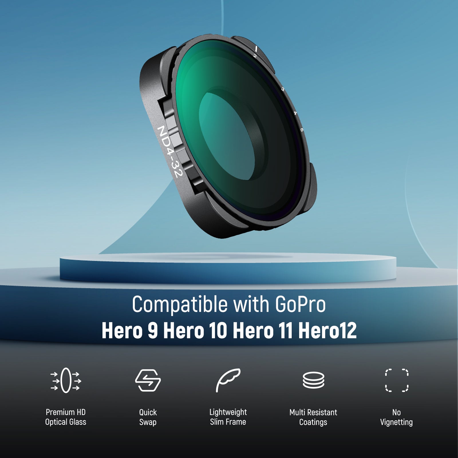 NEEWER Variable ND Filter For GoPro Hero 9-13 - ND4 To ND32 2-5 Stops