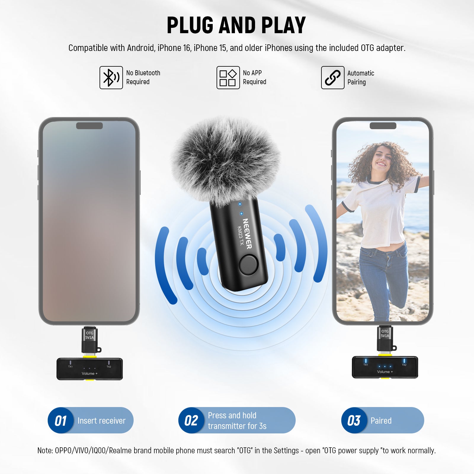 NEEWER Draadloze Lavalier Microfoon Voor USB C, Mini Lav Met Ruisonderdrukking Een Klik Vlog Streaming Live Naar Omnidirectionele Condensator Compatibel Iphone 15 1487338404