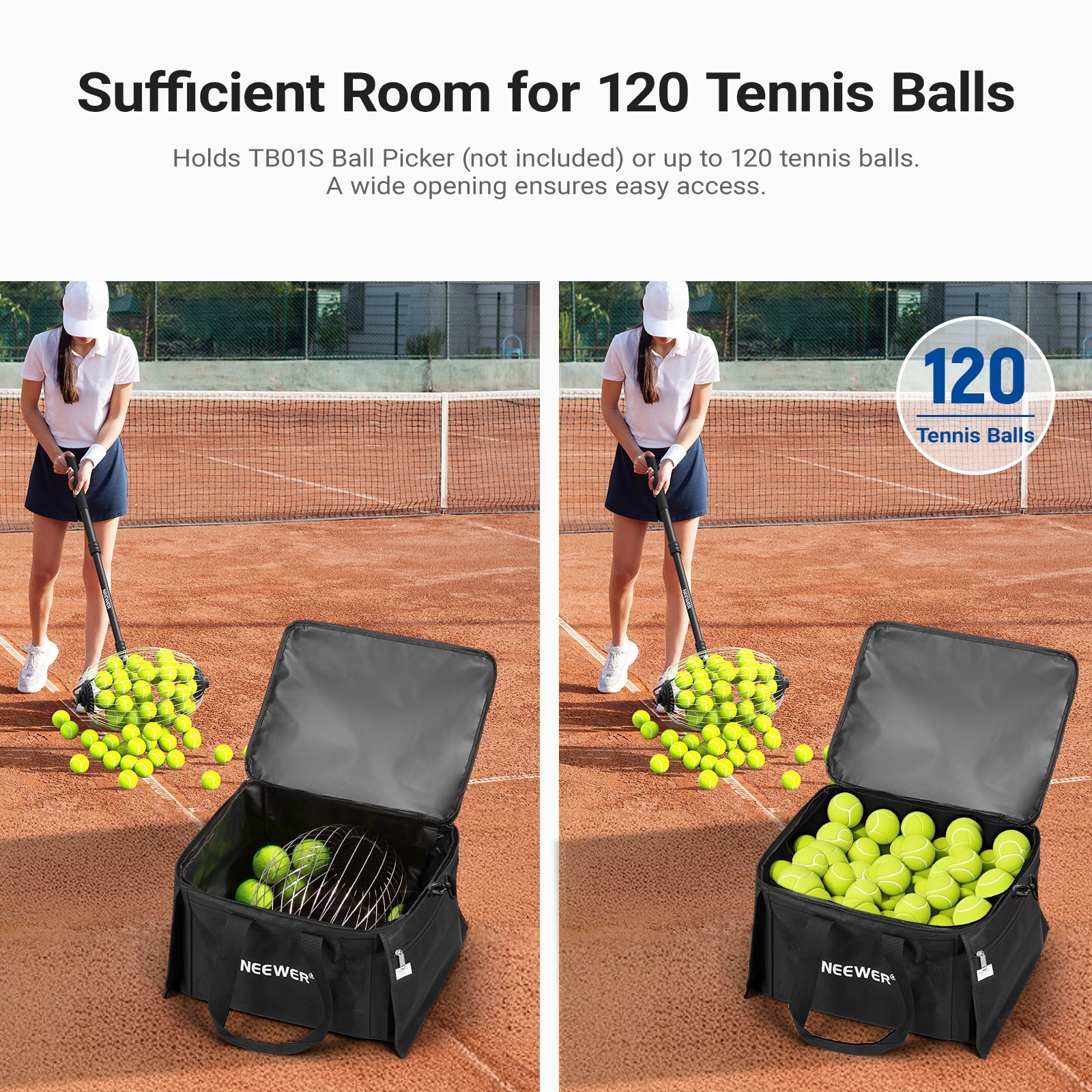 NEEWER TB03B Tennis Ball Bag is spacious enough to hold up to 120 tennis balls and pickleballs.