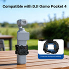 The DJI Osmo Pocket 4, equipped with a NEEWER protective cage, was placed on a wooden table outdoors.