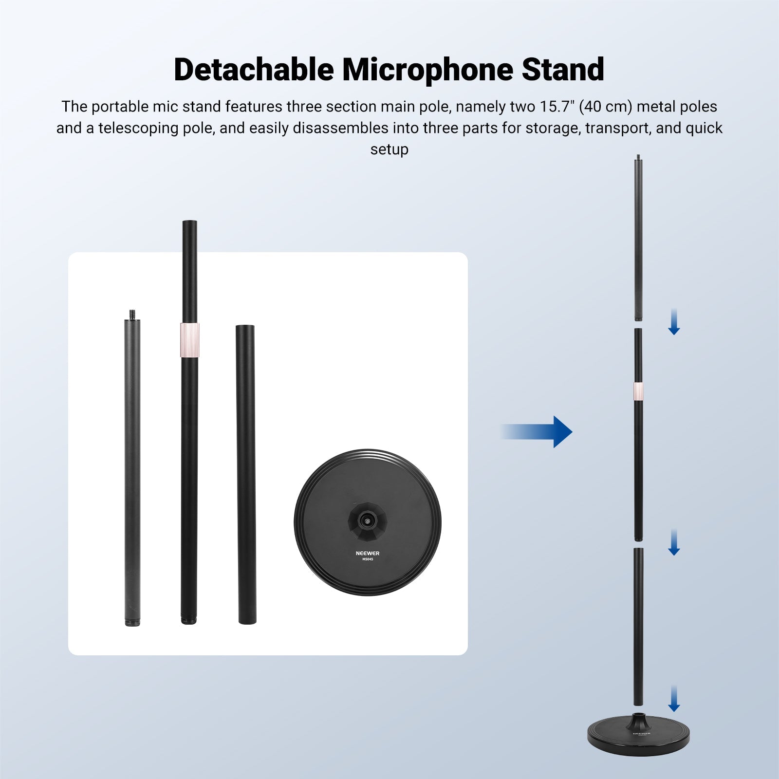 The portable mic stand features three section main pole