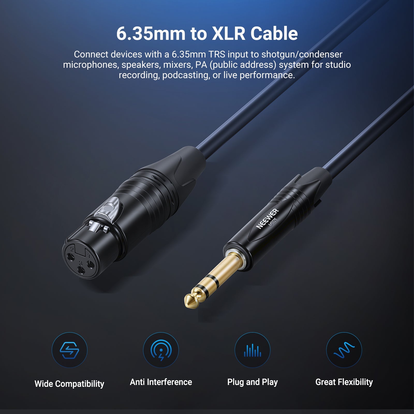 NEEWER MS025 6.35mm 1/4 Inch TRS to XLR Female Cable connects devices with a 6.35mm TRS input to shotgun/condenser microphones, speakers, mixers, PA (public address) system for studio recording, podcasting, or live performance.
