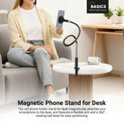 The cell phone holder stand for desk magnetically attaches your smartphone to the desk