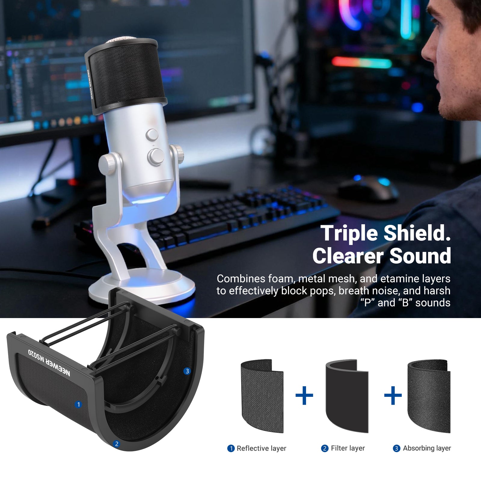 NEEWER MS020 Microphone Pop Filter combines foam, metal mesh, and etamine layers to effectively block pops, breath noise, and harsh “P” and “B” sounds.