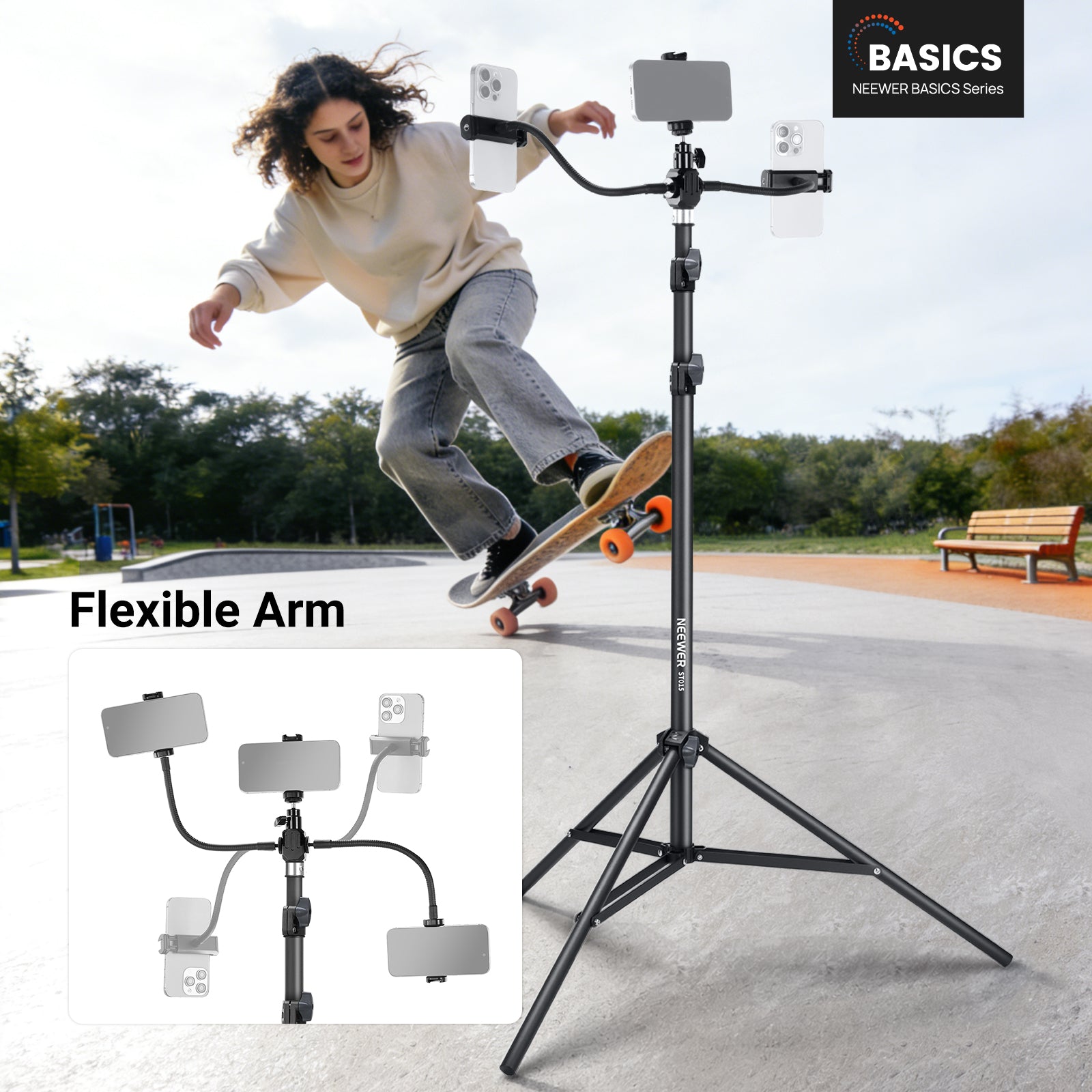NEEWER ST015 Phone Tripod Stand with flexible arms for multi-angle recording, used outdoors to film a skateboarder.