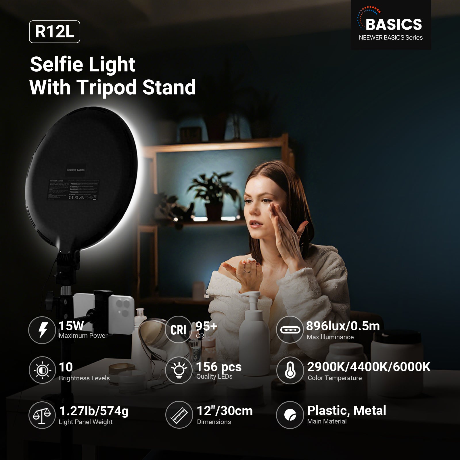 The NEEWER R12L  ring light provides soft, even illumination, creating a shadow-free, flattering glow as the woman applies skincare while filming a beauty tutorial video.