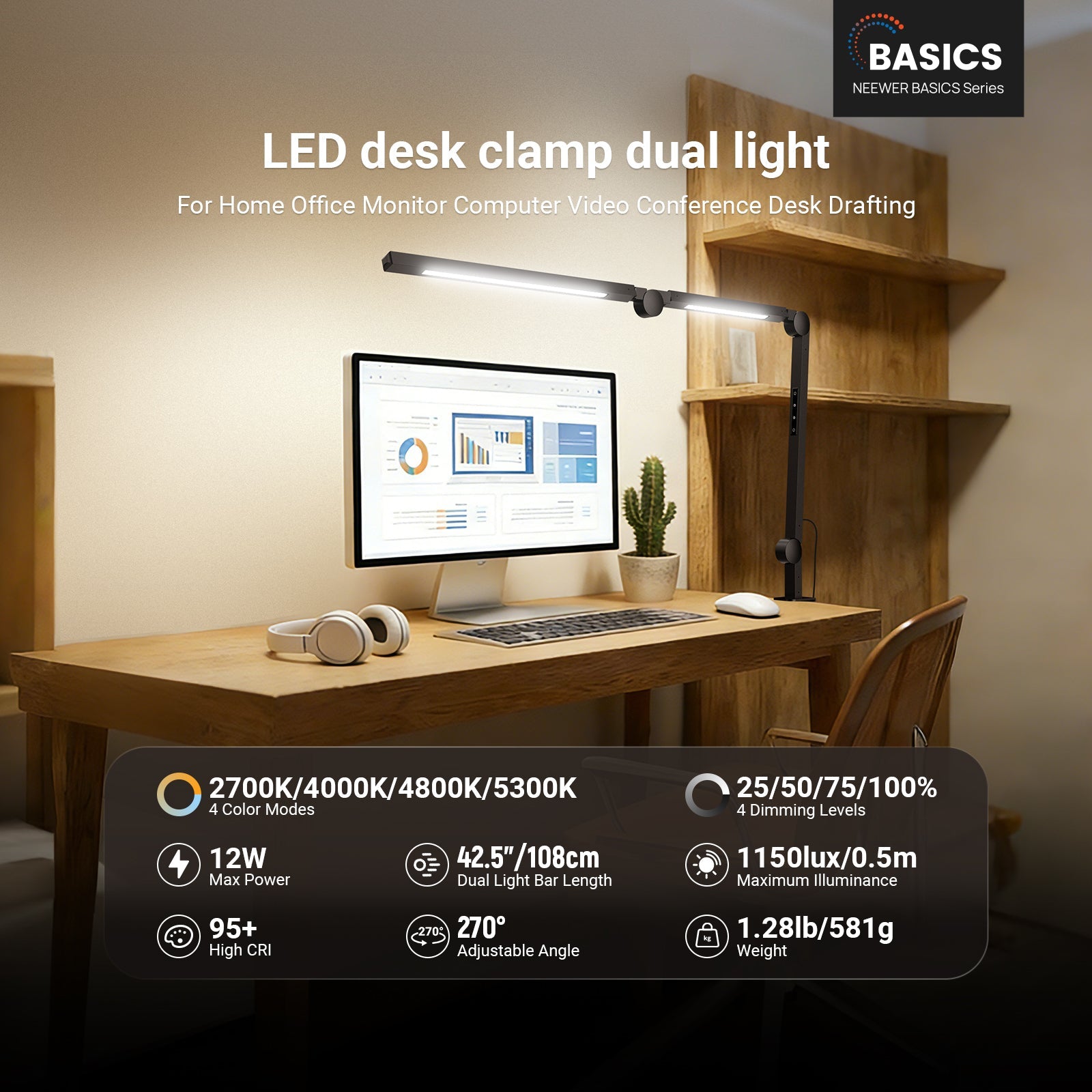 NEEWER ME-DL02 12W Clip On LED Lamp is ideal for home office, delivering broad, even, and bright overhead illumination up to 1150lux/0.5m.