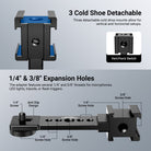 The phone stabilizer expansion adapter features several 1/4" and 3/8" threads on the arm for attaching smaller gimbal photography accessories as you wish