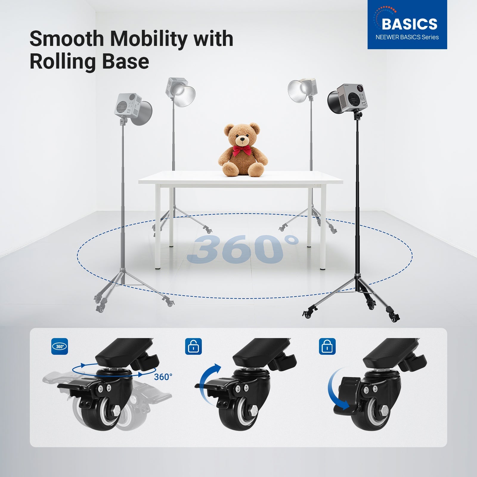 The rolling base features detachable 360° swivel casters that glide smoothly, allowing easy repositioning of your setup.