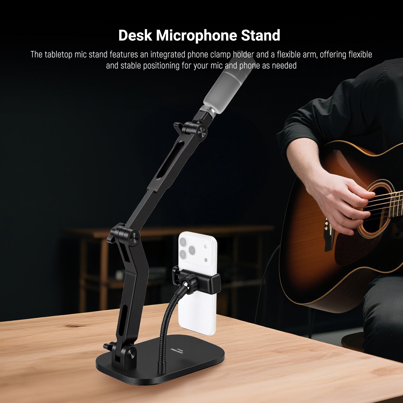 NEEWER MS022 Desktop Mic Stand  features an integrated phone clamp holder and a flexible arm.
