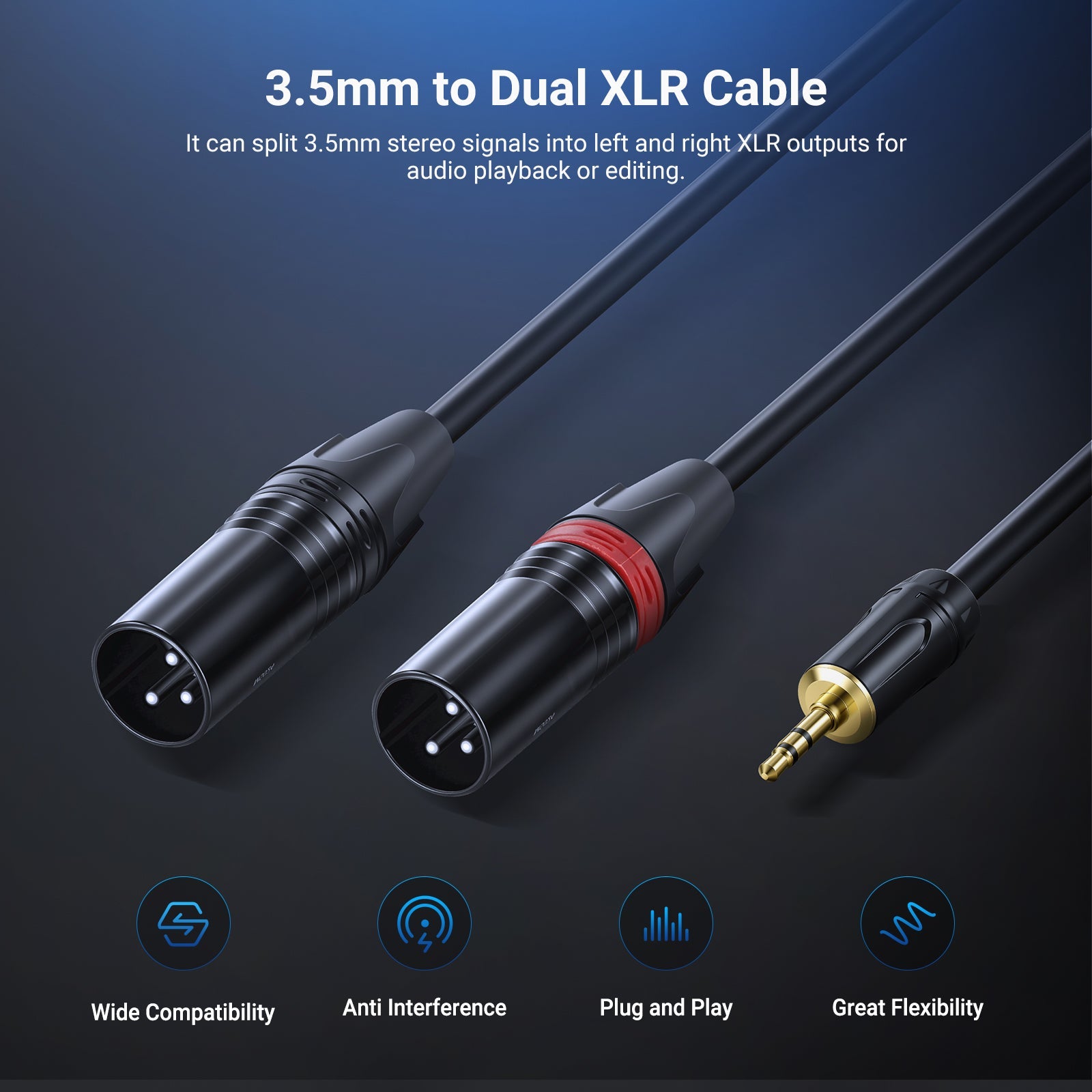 NEEWER 3.5mm 1/8 Inch TRS AUX to Dual XLR Breakout Cable splits a 3.5 mm stereo signal into left and right XLR outputs for audio playback or editing
