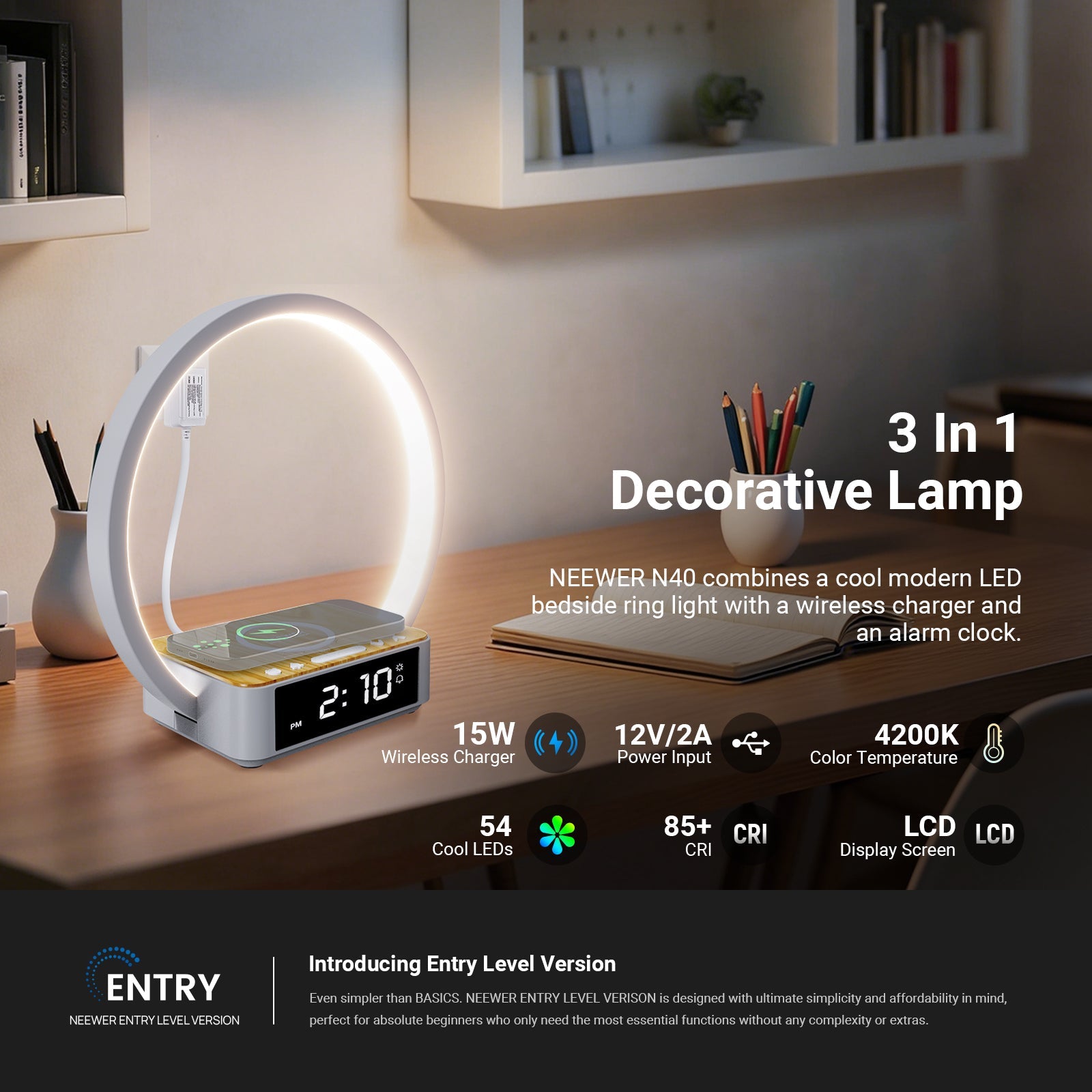 NEEWER N40 combines a cool modern LED bedside night stand ring light with a wireless charger for phone and an alarm clock.