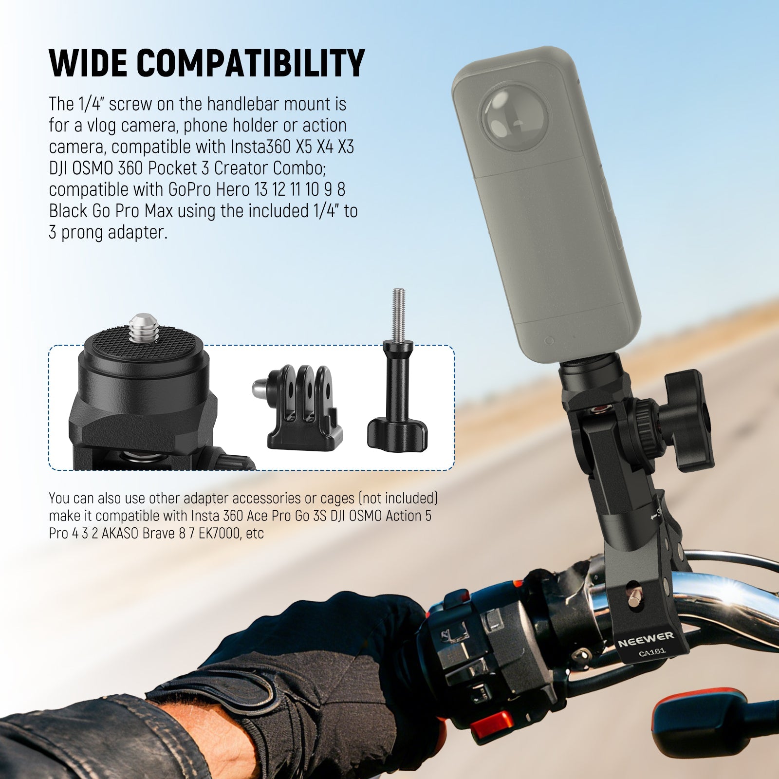 The handlebar mount 1/4" screw is for a vlog camera, phone holder or action camera