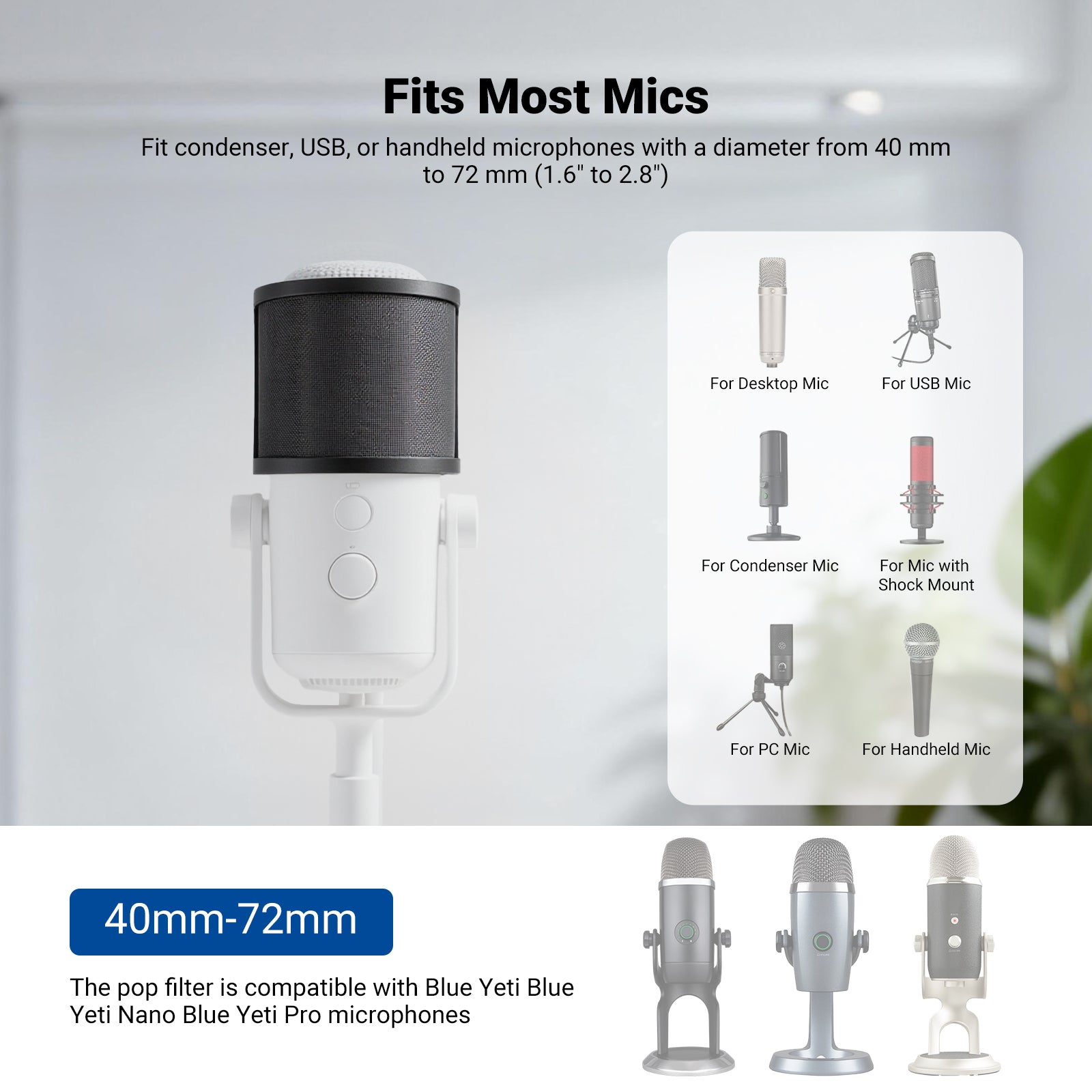 NEEWER MS020 Microphone Pop Filter fits condenser, USB, or handheld microphones with diameter from 40 mm to 72 mm.