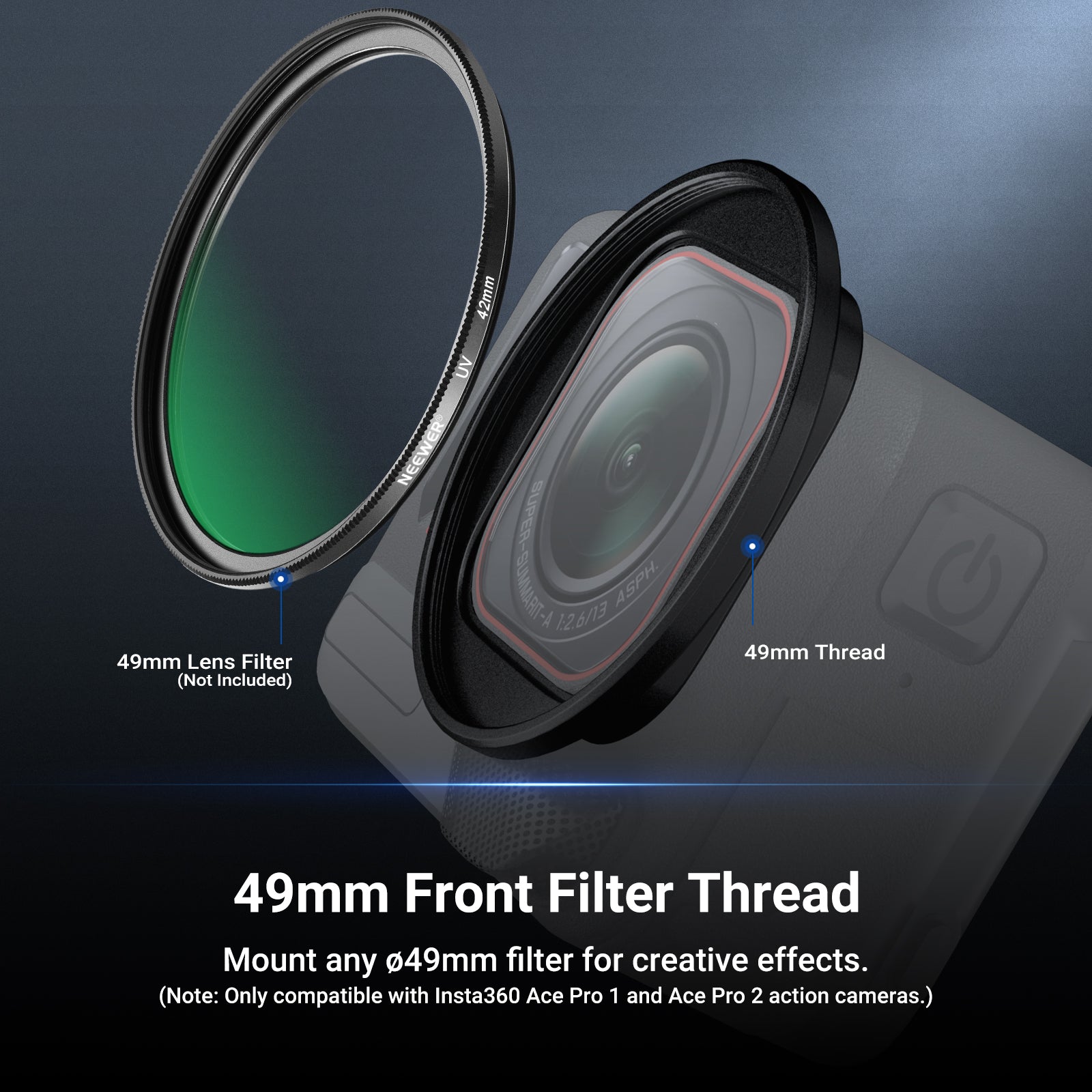 NEEWER 49mm Filter Adapter Ring for Insta360 Ace Pro 1/2 Works with all 49mm camera lens filters