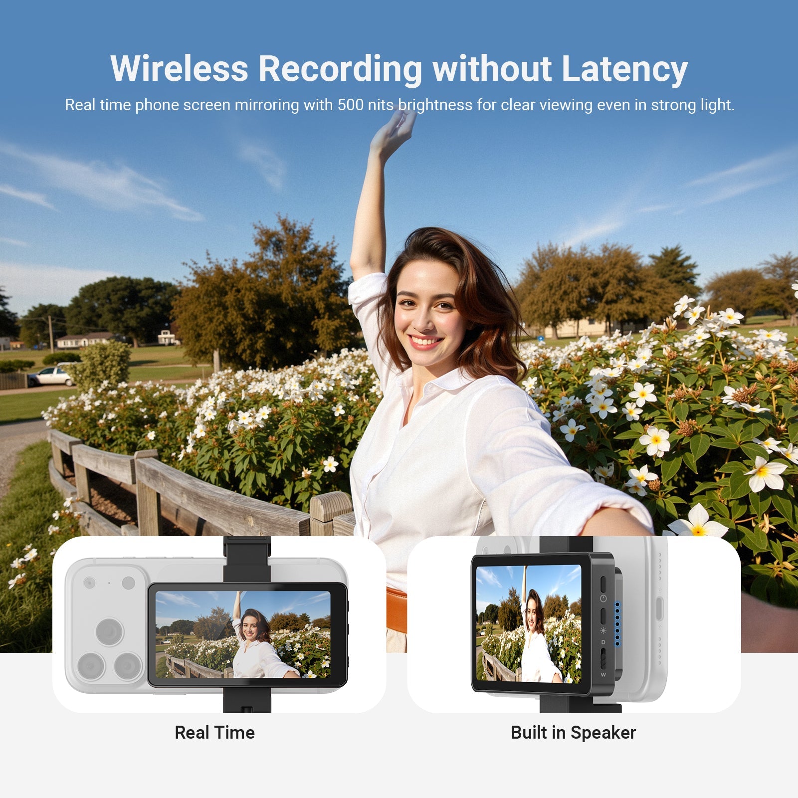 NEEWER F4 Phone Selfie Monitor Screen mirrors your phone screen in real time with brightness up to 500 nits for clear viewing under strong light.