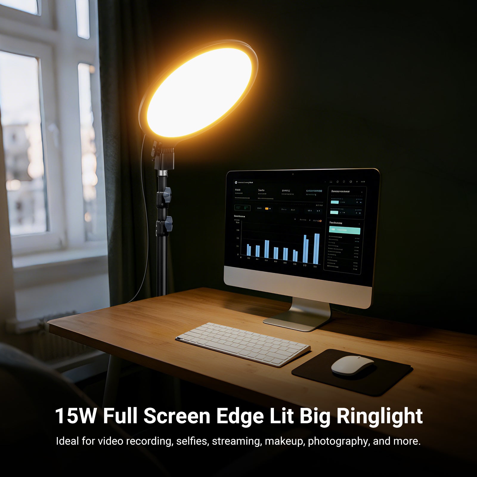A warm-toned ring light illuminates a home office desk setup, casting soft light on the iMac-style computer while reducing eye strain during work hours.