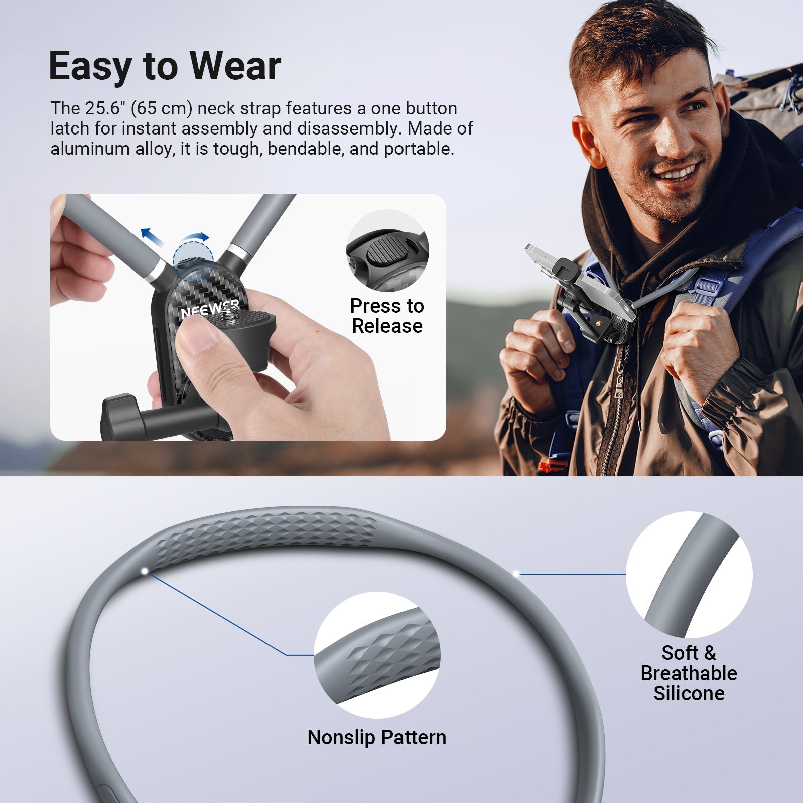 The man with the backpack is wearing the NEEWER GP48 Neck Mount for Action Camera around his neck.