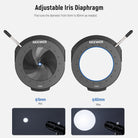 The iris diaphragm with a 5-60mm adjustable diameter allows you to fine tune the beam.