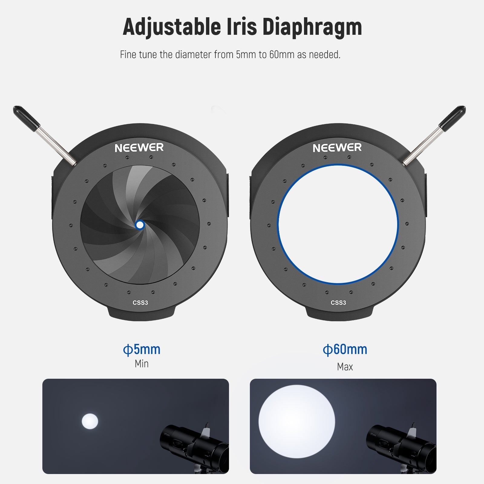 The iris diaphragm with a 5-60mm adjustable diameter allows you to fine tune the beam.