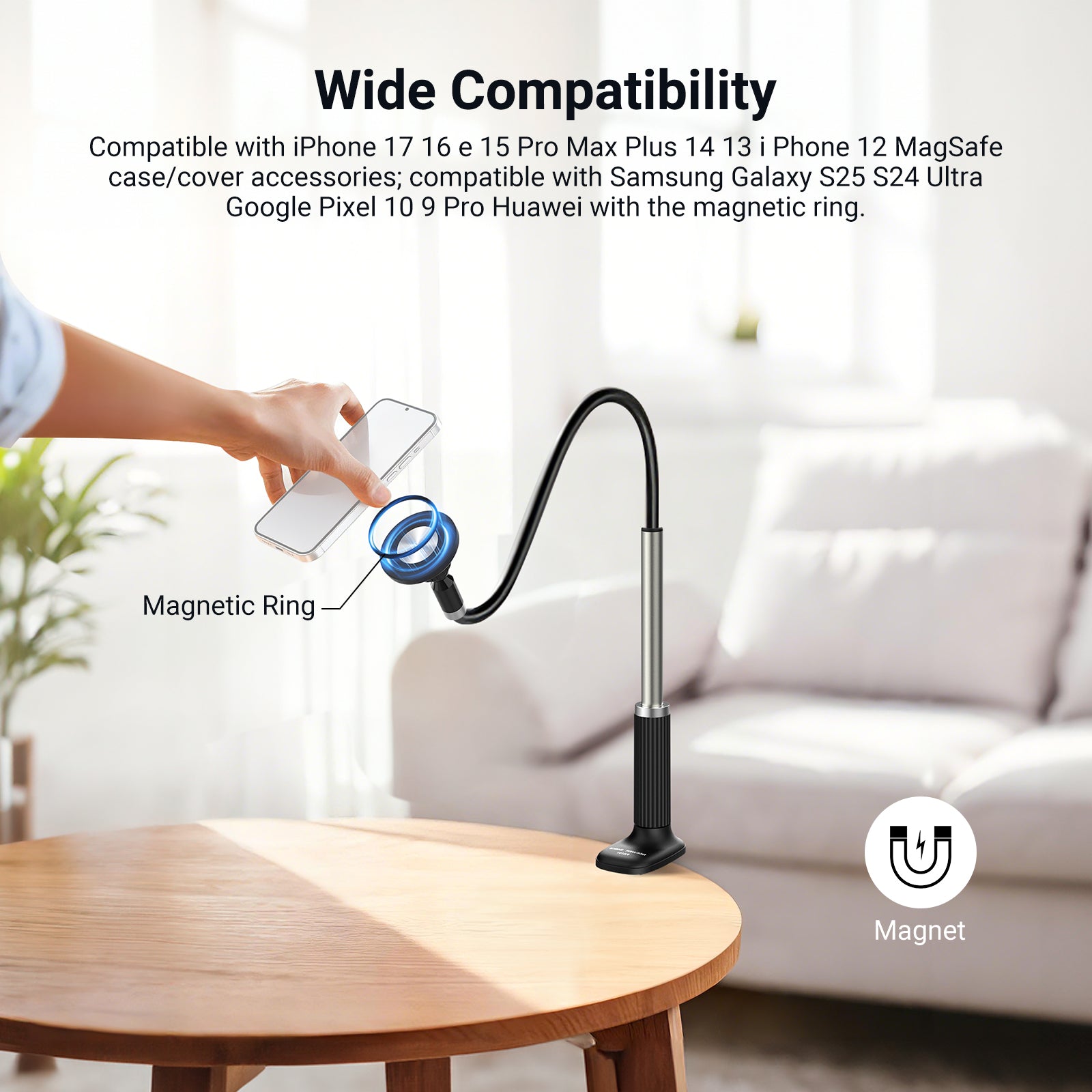 NEEWER PA151 Magnetic Phone Stand for Desk is compatible with iPhone MagSafe case/cover accessories and Samsung Galaxy S25 Huawei with the magnet ring.