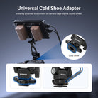 NEEWER MA023 universal cold shoe adapter mount for field monitors, showing attachment to camera with thumb wheel