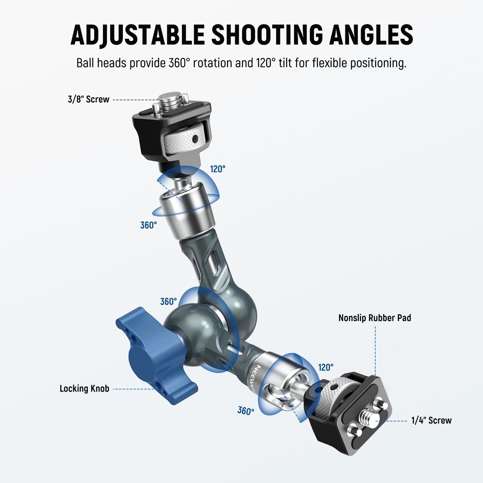 The magic arm camera mount is equipped with a ball head with a U notch at each articulating arm