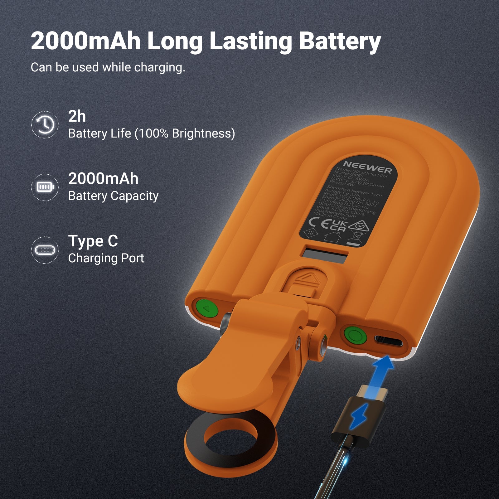 This small LED light equipment for filming provides up to 2 hours of continuous lighting at full brightness for extended shooting outdoors.