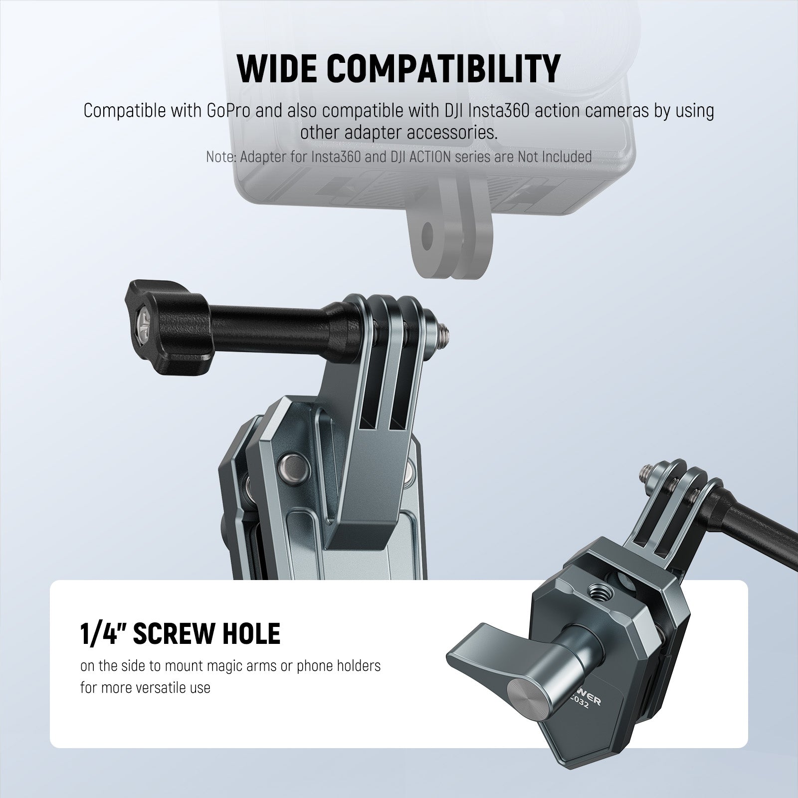 The motorcycle camera mount features a three prong attachment and a 1/4" screw hole.