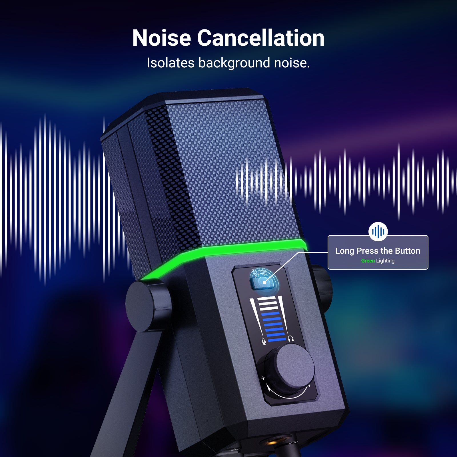 Press once to mute/unmute (red indicator) the condenser microphone.