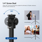 The top 1/4" screw stud tilts forward/backward up to 180°, fitting ball heads, LED lights, webcams, cameras, action cams.