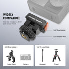 The action camera mount connects to mini tripods, selfie sticks, stabilizers, camera mounts & clamps, and more accessories