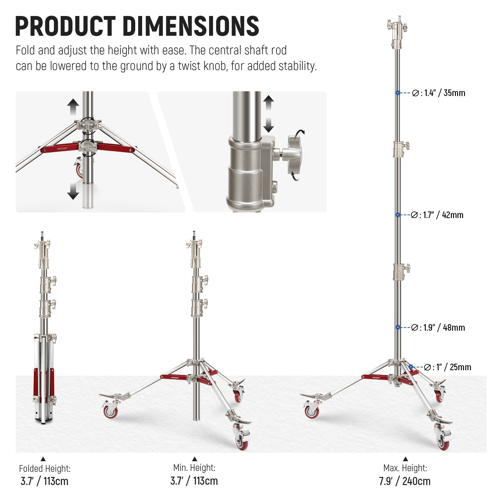 NEEWER ST240SS 240cm Heavy Duty Stainless Steel Wheeled Light